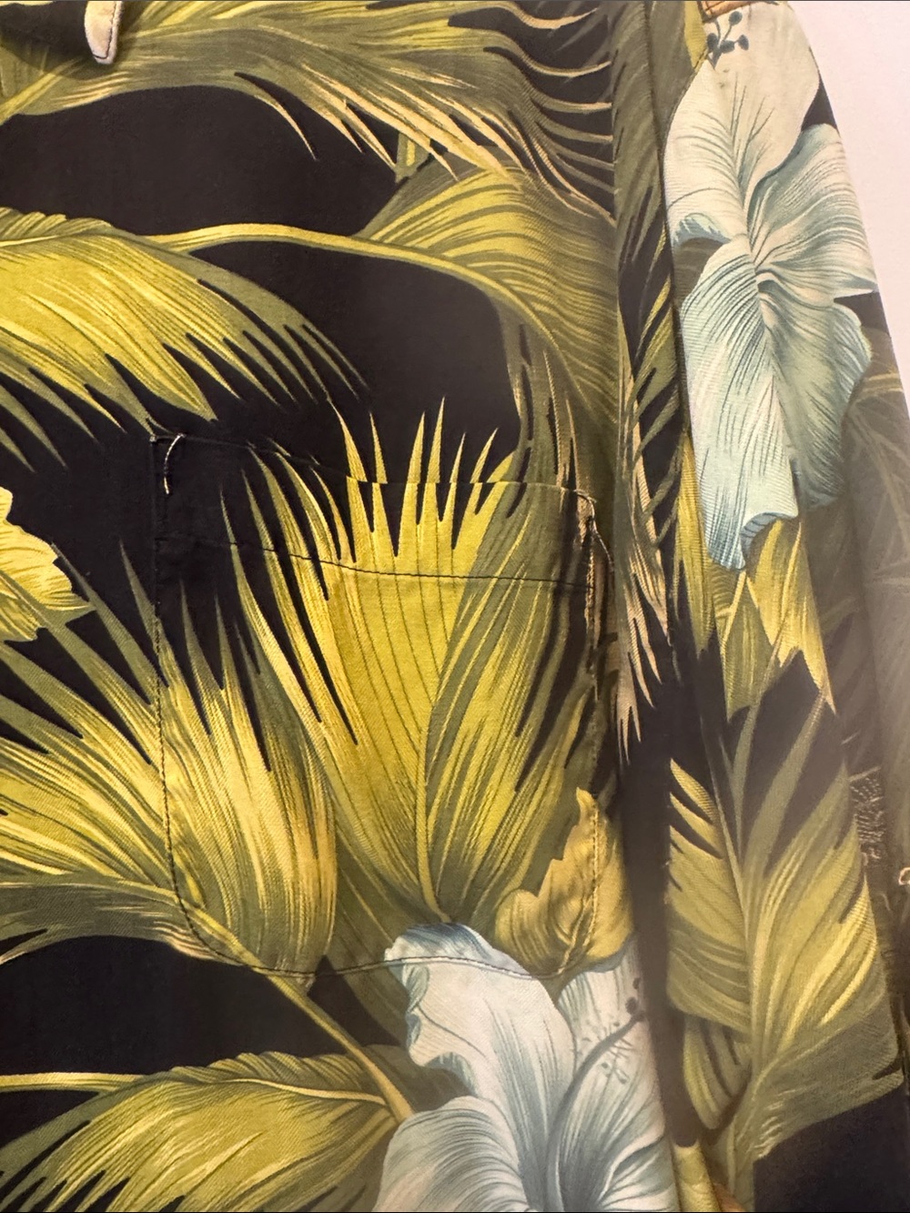 Tommy Bahama Black Hawaiian Shirt with Green Palms and Yellow & Teal Flowers - Picture 3 of 6